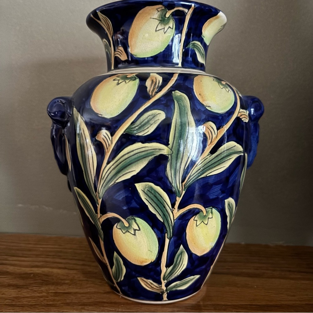 Vintage Cantagalli Majolica Vase Cobalt Hand-Painted Fruit Mask Handles 8.5”x4”
